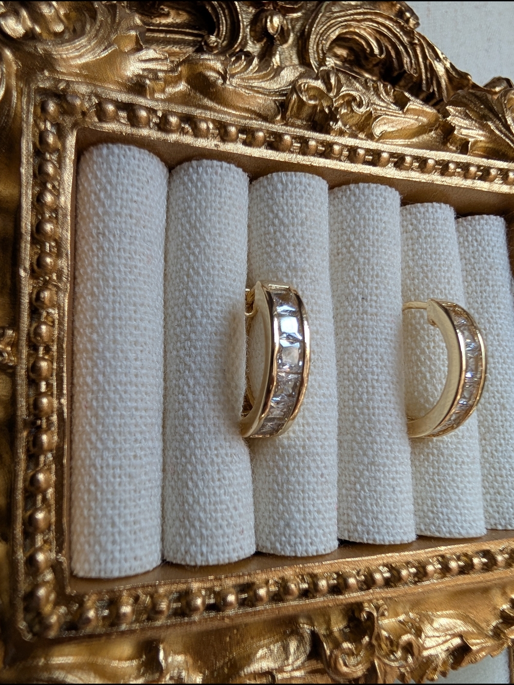 Gold Hoop Earrings - Gold Tone Huggie Hoop Earrings with Inlaid Cubic Zirconia - Picture 16 of 16